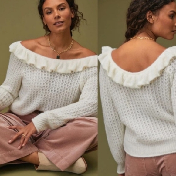 Anthropologie Cream Ruffled Boat Neck Sweater Size Medium Pullover